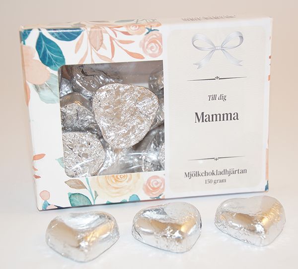 Chokladhj&auml;rtan silver papper i ask C Chocolate hearts silver paper in box C