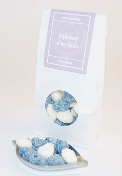 Hjärtan vita/blåa örtkarameller Hearts white/blue herbal candies