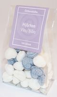 Produktbild för Hjärtan vita/blåa örtkarameller i ståpåse