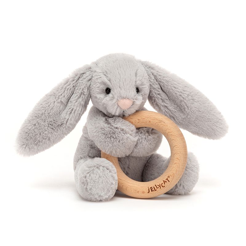 Bashful Silver Bunny Wooden Ring Toy