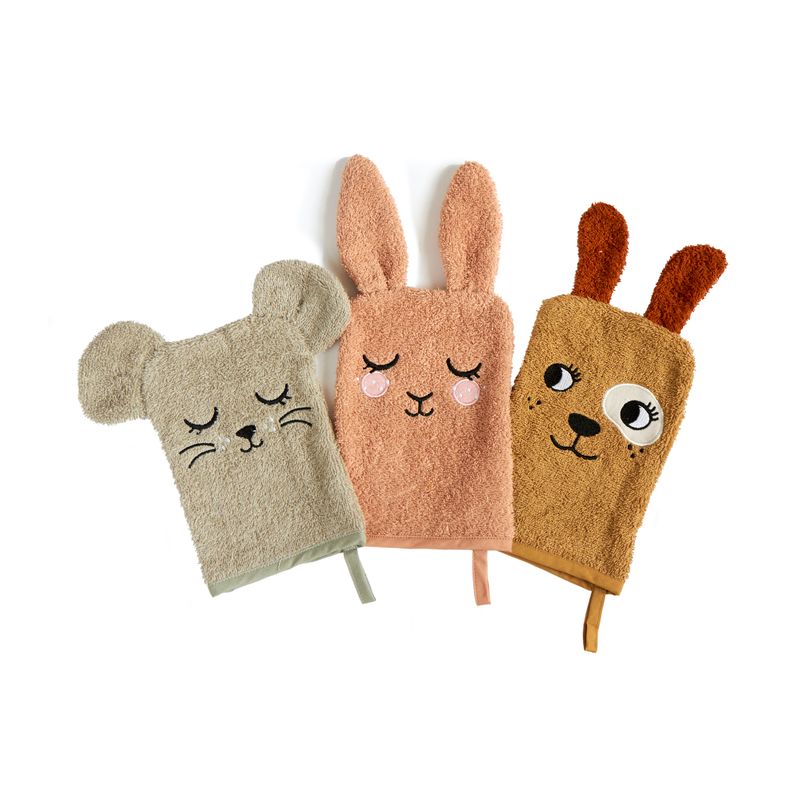 WASH GLOVES - BUNNY, MOUSE, DOG set med 3