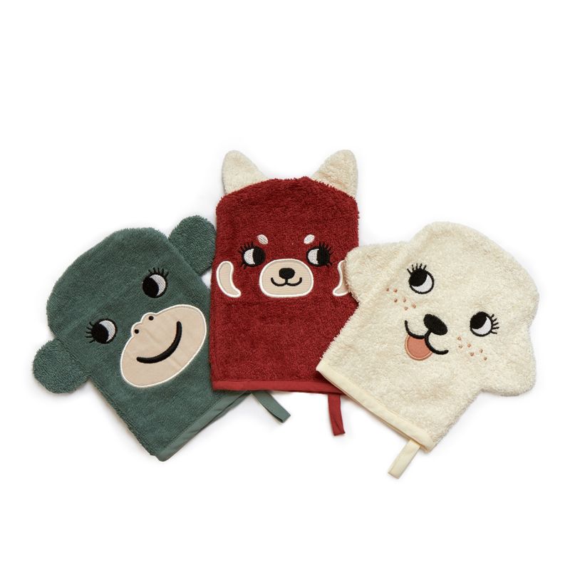 Wash Gloves - MONKEY, RED PANDA, DOG, set med 3