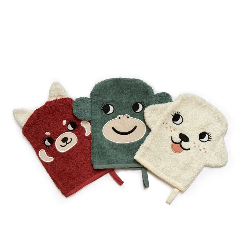 Wash Gloves - MONKEY, RED PANDA, DOG, set med 3