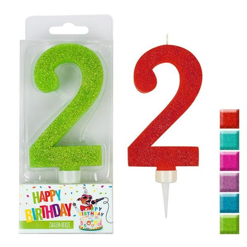 BIRTHDAY FUN number candle 2 glitter maxi, 6 assorted colours