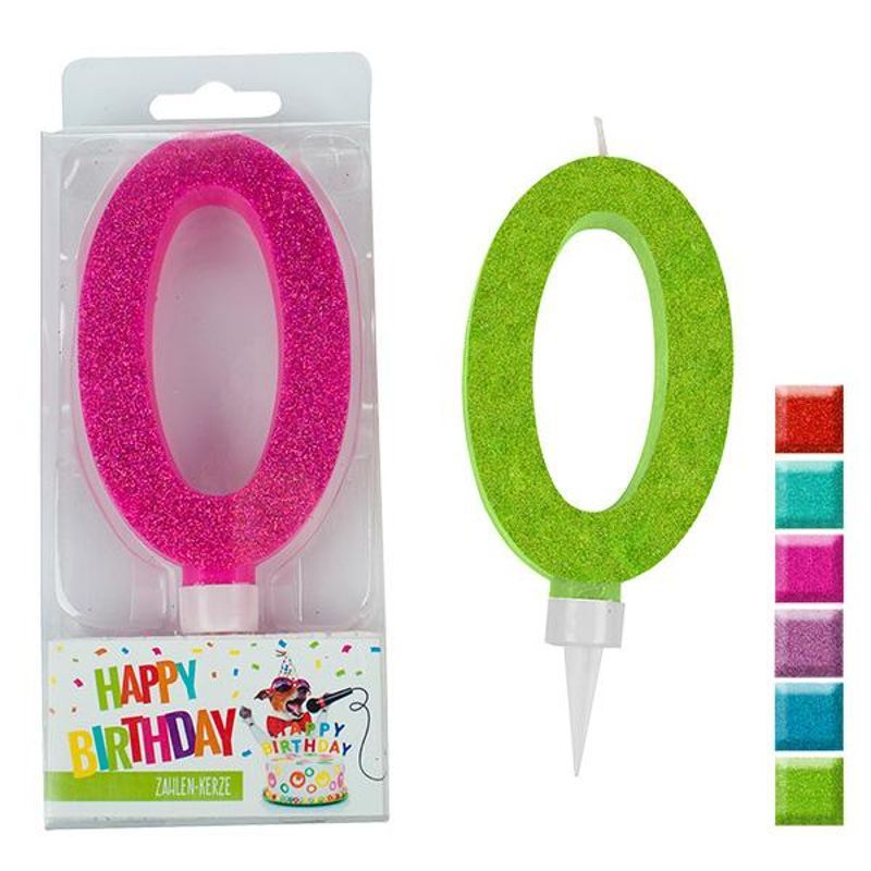 BIRTHDAY FUN number candle 0 glitter maxi, 6 assorted colours
