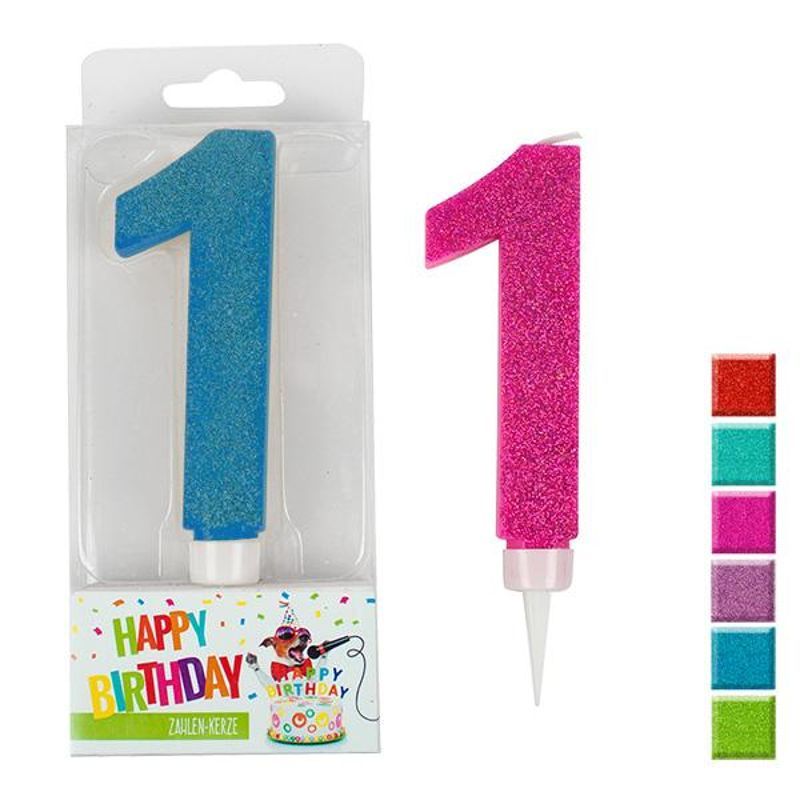 BIRTHDAY FUN number candle 1 maxi glitter, 6 assorted colours