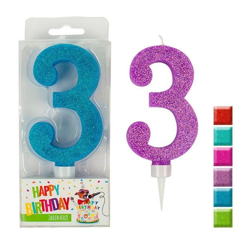 BIRTHDAY FUN number candle 3 glitter maxi, 6 assorted colours