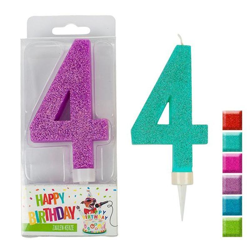 BIRTHDAY FUN number candle 4 glitter maxi, 6 assorted colours