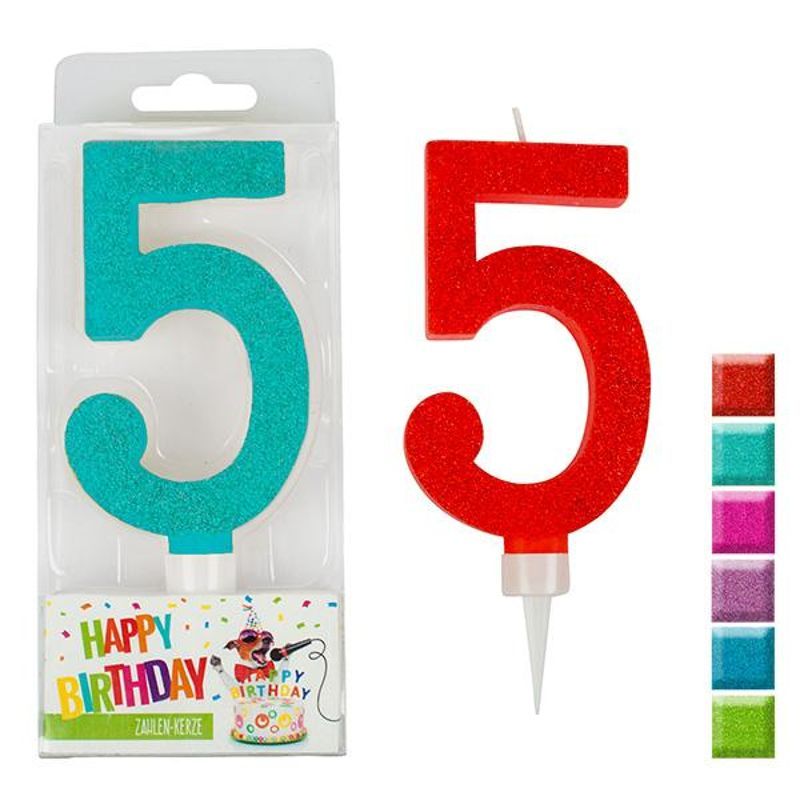BIRTHDAY FUN number candle 5 glitter maxi, 6 assorted colours