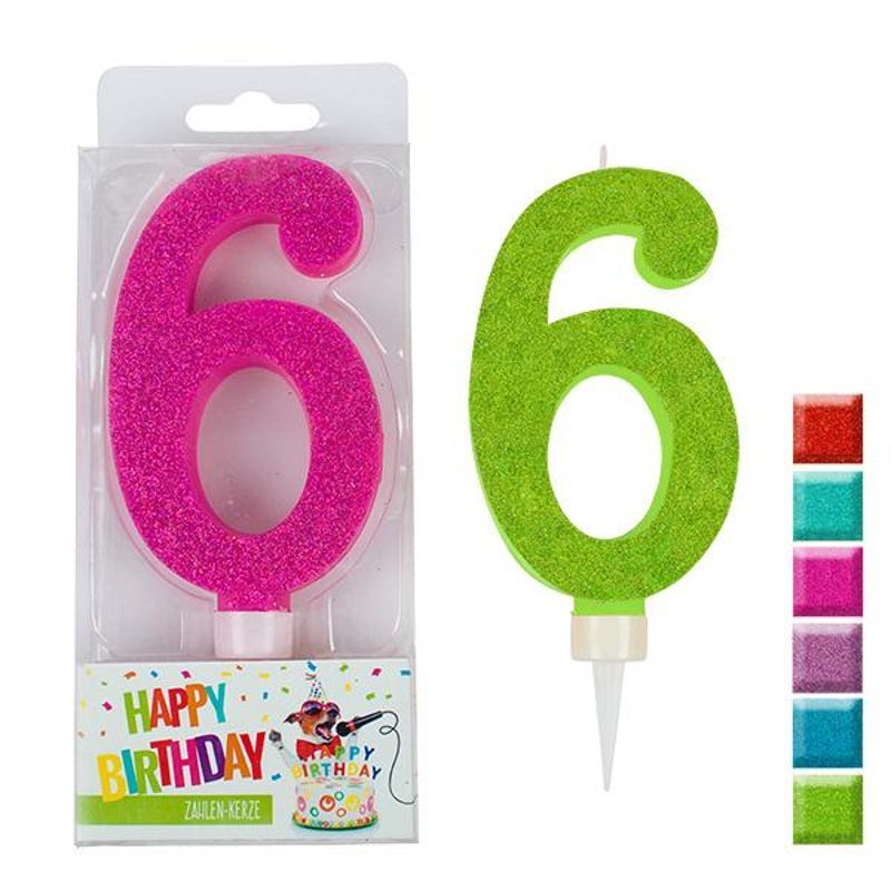 BIRTHDAY FUN number candle 6 glitter maxi, 6 assorted colours