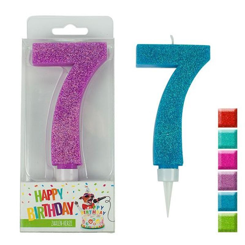 BIRTHDAY FUN number candle 7 glitter maxi, 6 assorted colours