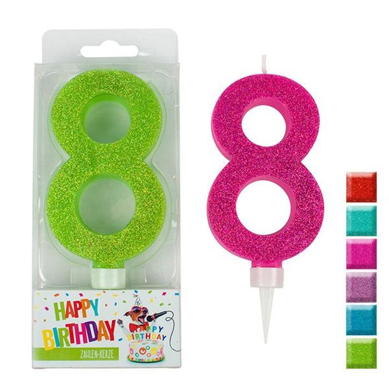 BIRTHDAY FUN number candle 8 glitter maxi, 6 assorted colours