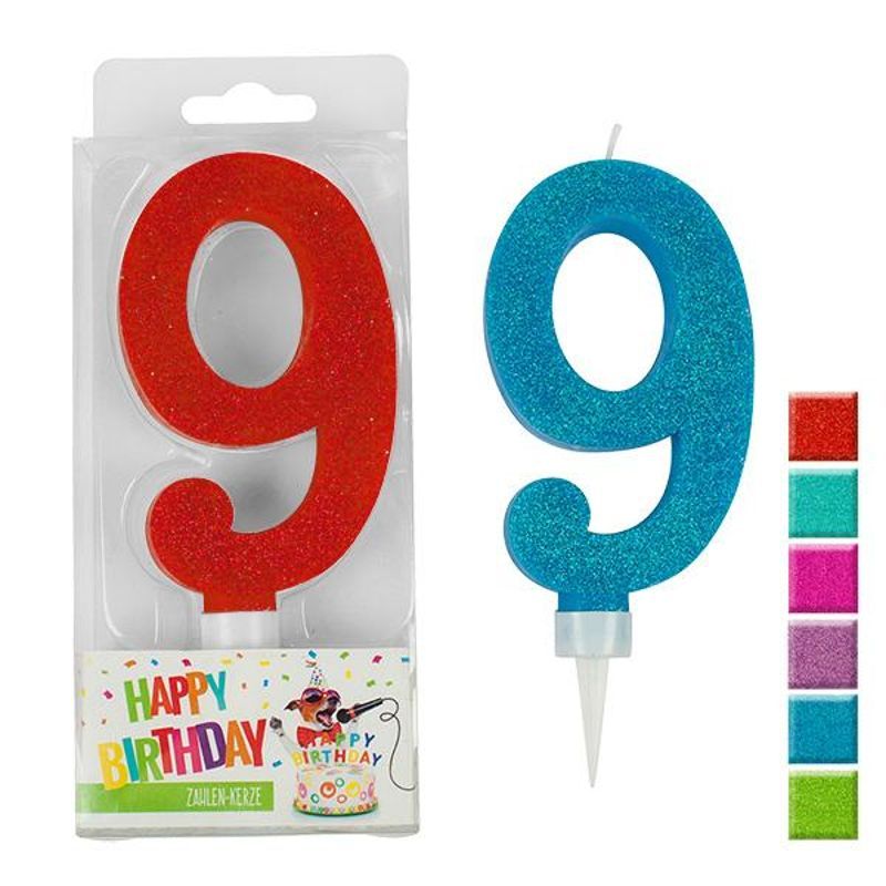 BIRTHDAY FUN number candle 9 glitter maxi, 6 assorted colours