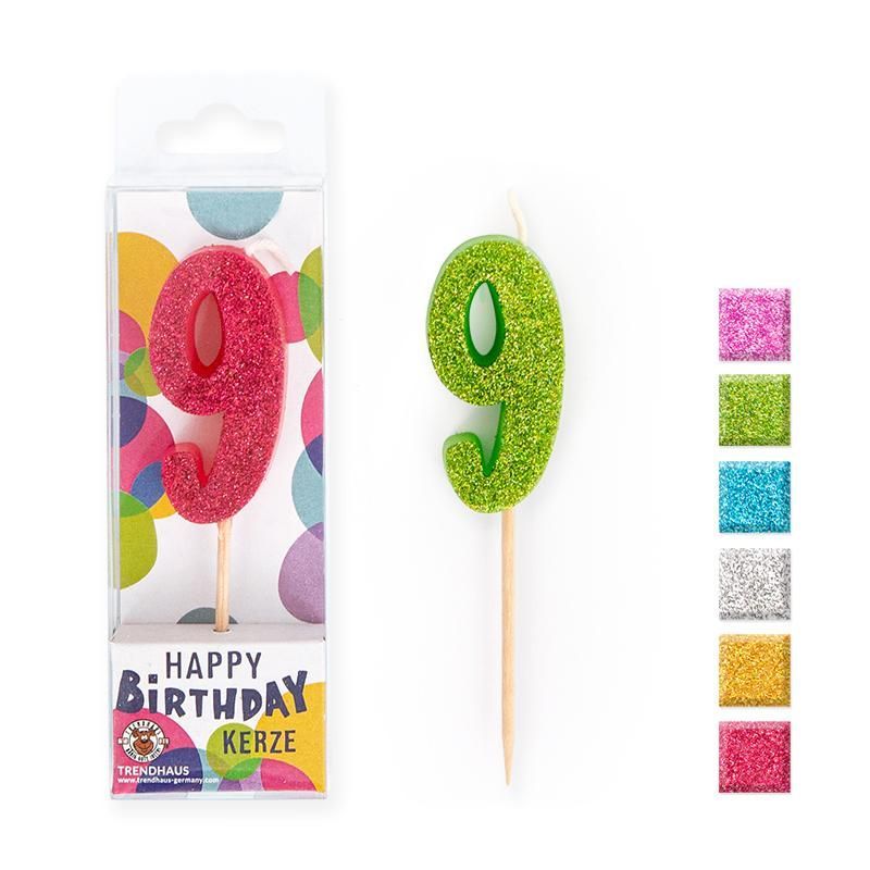 BIRTHDAY FUN Number Candles Glitter Mini 9, 6 different colours