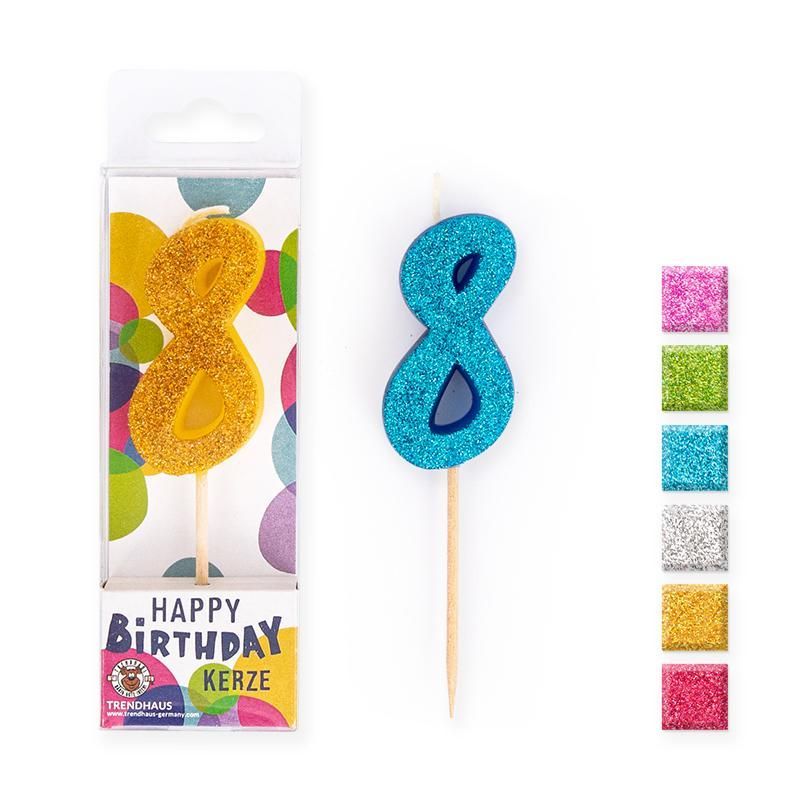BIRTHDAY FUN Number Candles Glitter Mini 8, 6 different colours