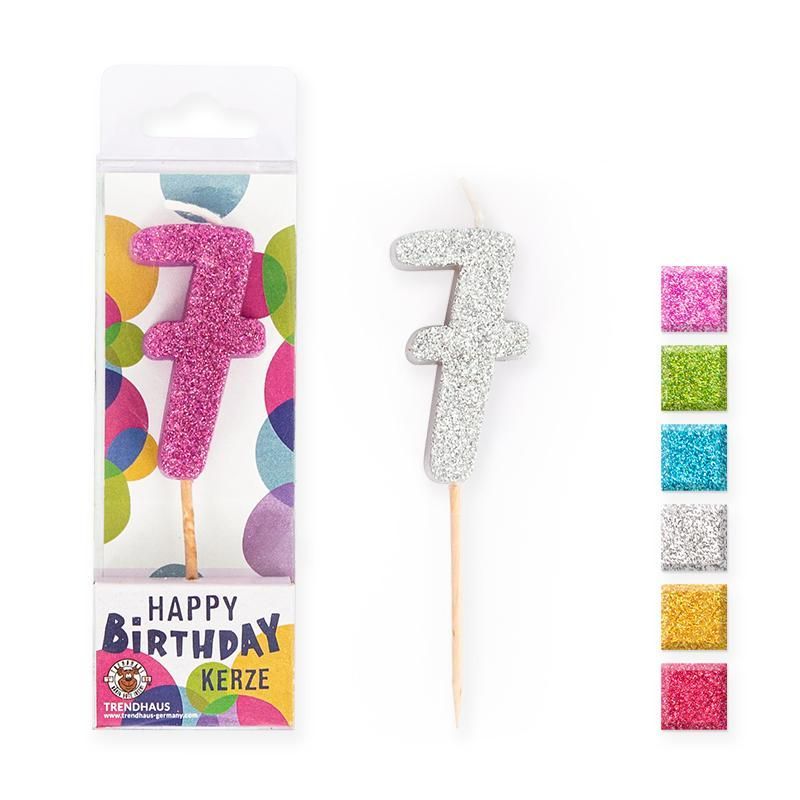 BIRTHDAY FUN Number Candles Glitter Mini 7, 6 different colours