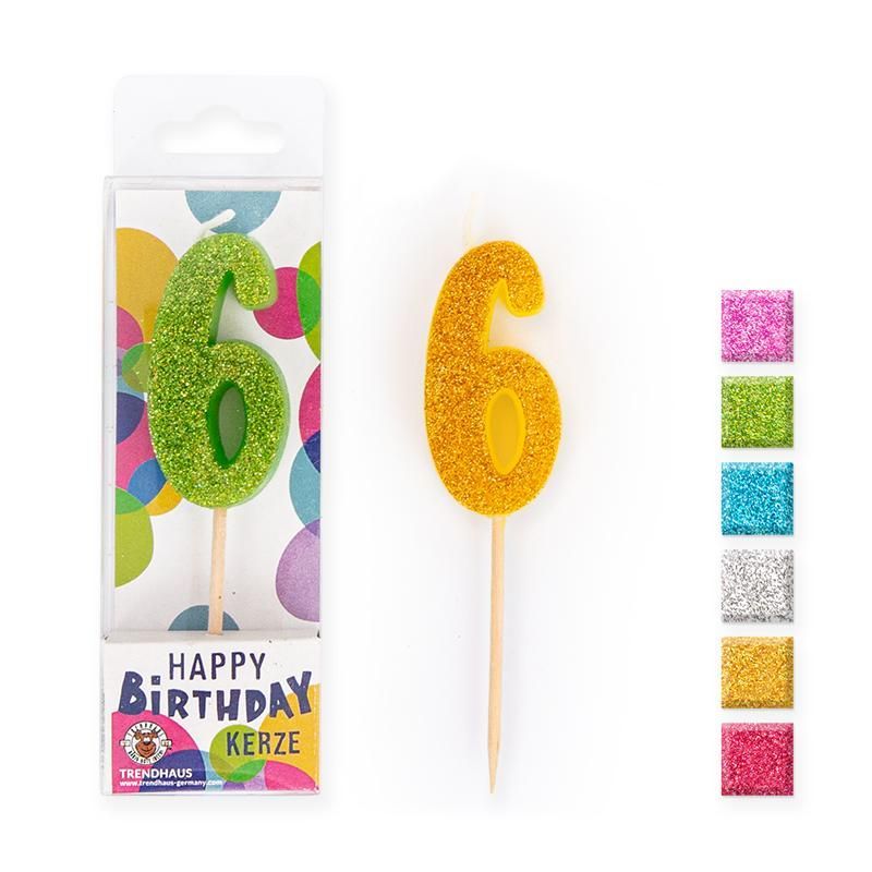 BIRTHDAY FUN Number Candles Glitter Mini 6, 6 different colours