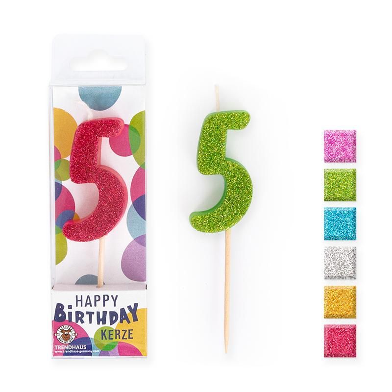 BIRTHDAY FUN Number Candles Glitter Mini 5, 6 different colours