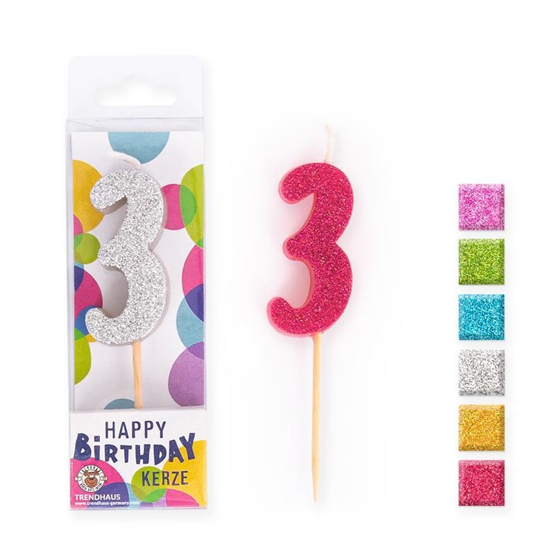 BIRTHDAY FUN Number Candles Glitter Mini 3, 6 different colours