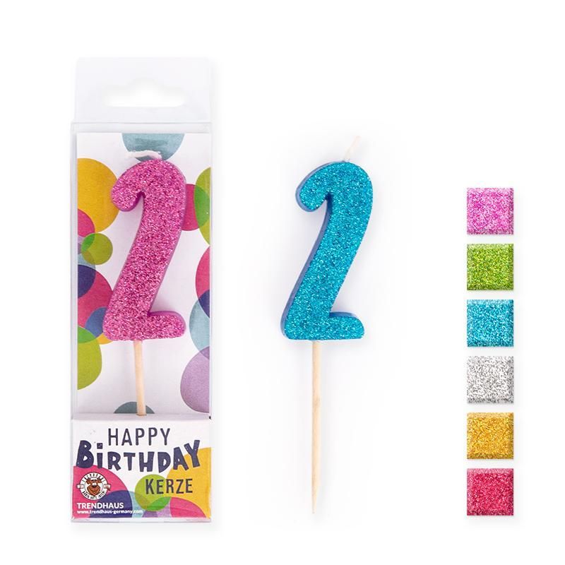 BIRTHDAY FUN Number Candles Glitter Mini 2, 6 different colours
