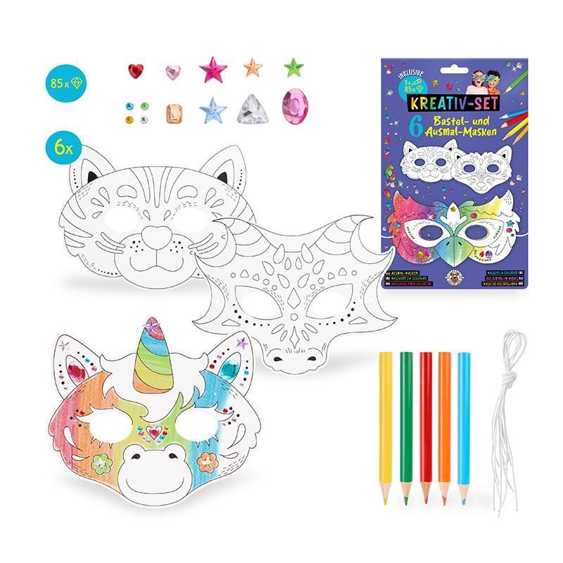 Craft & Colouring-In Masks incl. Diamond Stickers and Crayons
