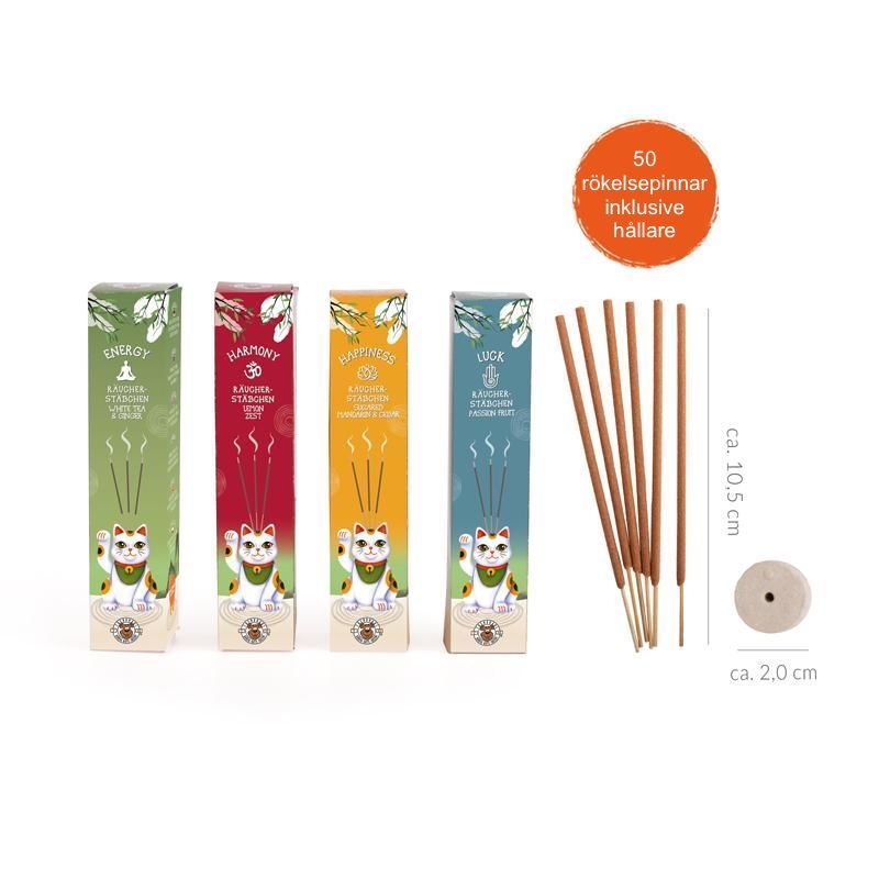 LUCKY CAT Good Vibes Incense Sticks 50 Pieces + Holder, 4 assorted