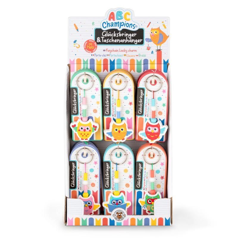 ABC CHAMPIONS Wooden lucky charm owl, 6 assorted
