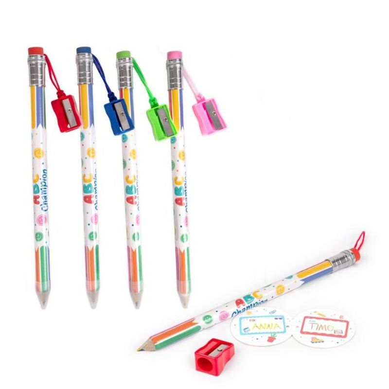 ABC CHAMPIONS Jumbo multi-coloured pencil with sharpener & eraser, 4 assorted