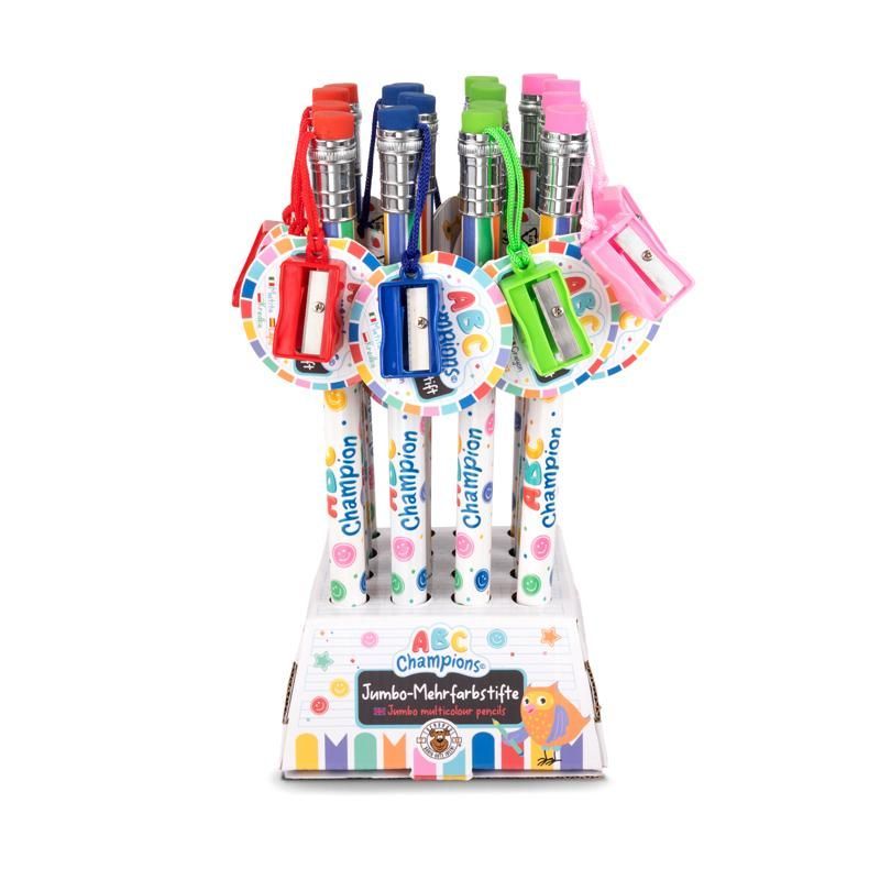 ABC CHAMPIONS Jumbo multi-coloured pencil with sharpener & eraser, 4 assorted
