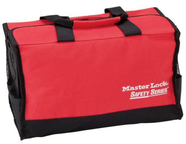 Röd bärväska med 2 plastlådor (tomma) för lockoututrustning