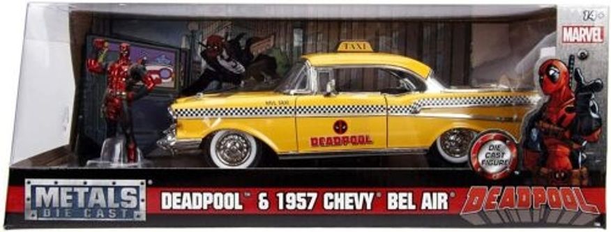 Jada 1:24 Scale 1957 Chevrolet Bel Air Taxi Yellow With Deadpool Diecast Figure