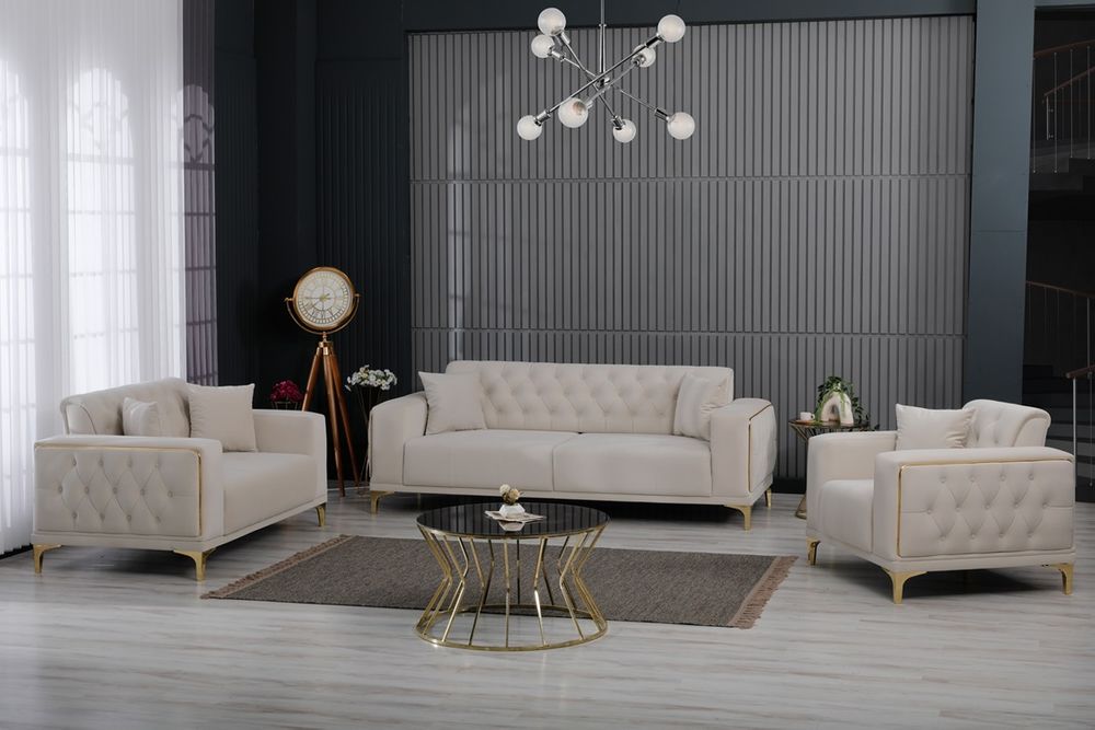 Produktbild f&ouml;r Madeleine Soffgrupp i beige sammet med guld ben