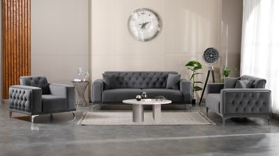 Produktbild f&ouml;r Madeleine soffgrupp i m&ouml;rkgr&aring; sammet med silver ben