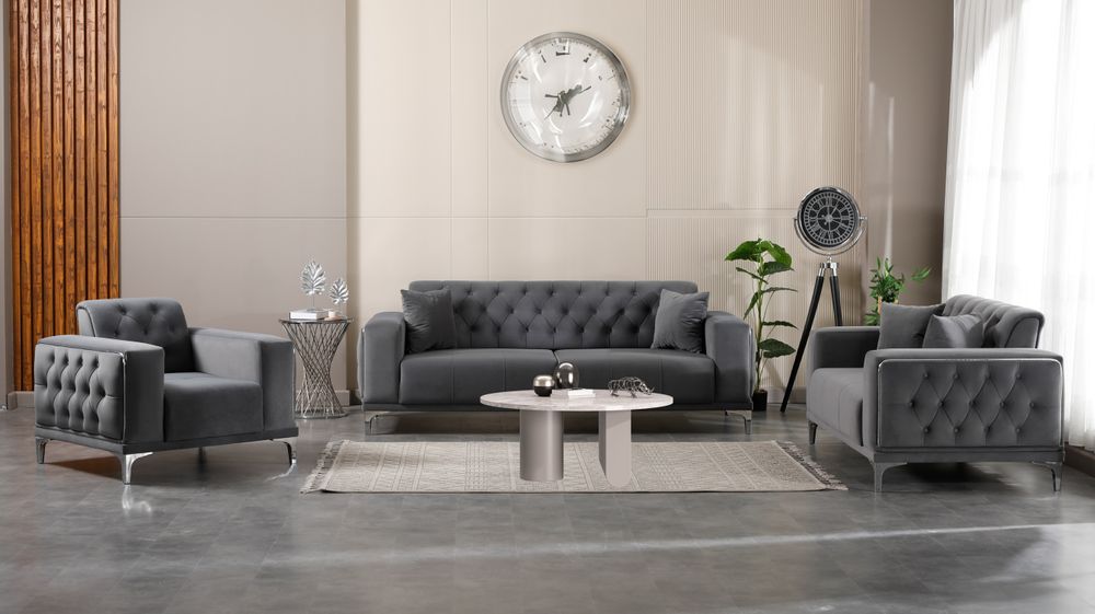 Produktbild f&ouml;r Madeleine soffgrupp i m&ouml;rkgr&aring; sammet med silver ben