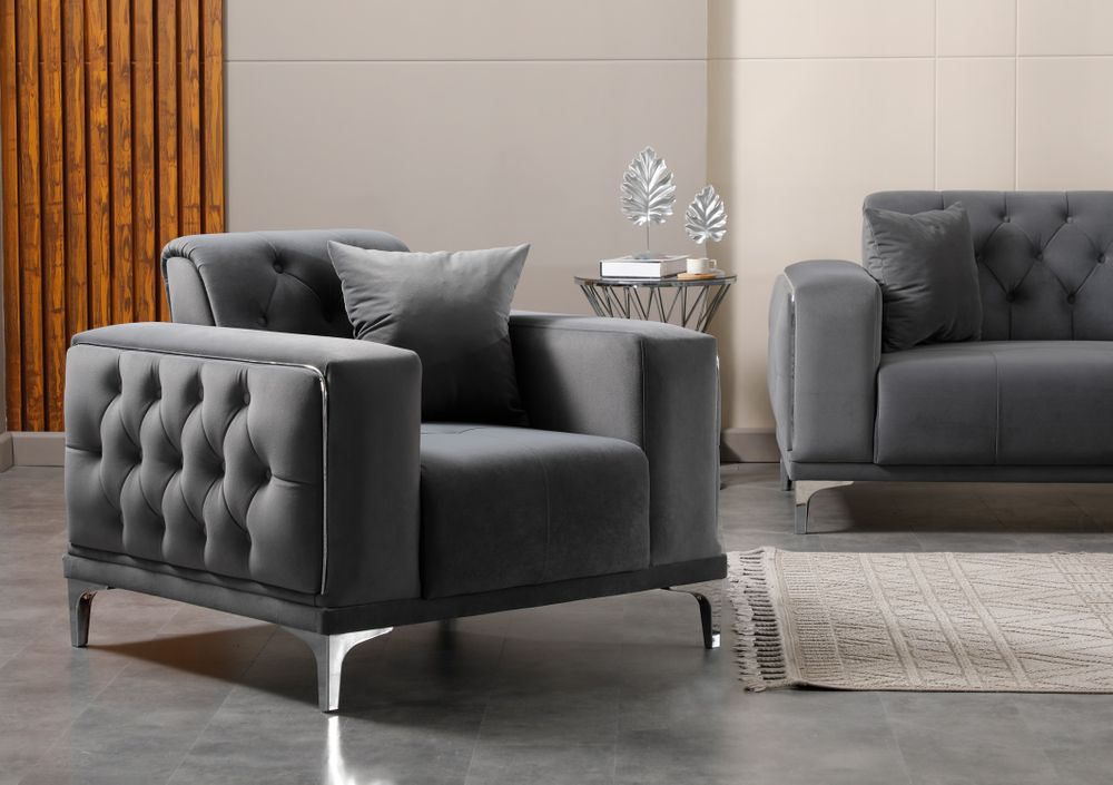 Produktbild f&ouml;r Madeleine soffgrupp i m&ouml;rkgr&aring; sammet med silver ben