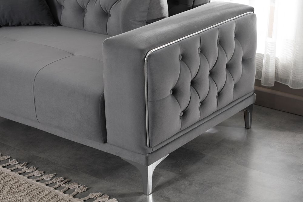 Produktbild f&ouml;r Madeleine soffgrupp i m&ouml;rkgr&aring; sammet med silver ben