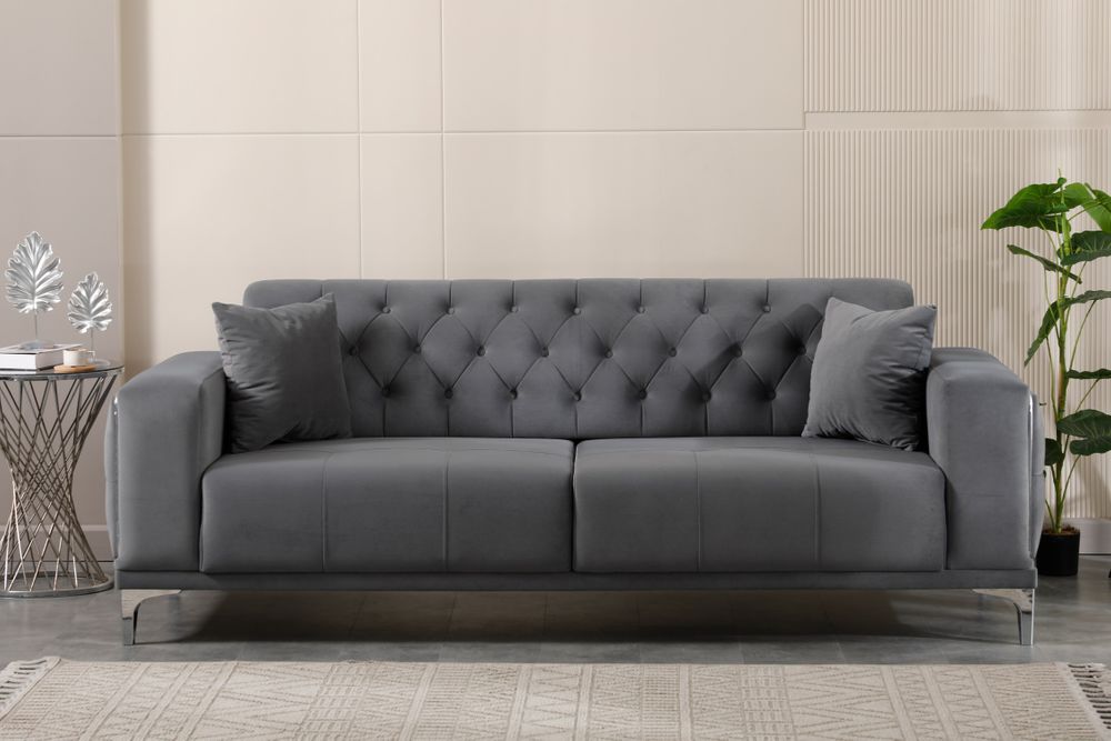 Produktbild f&ouml;r Madeleine soffgrupp i m&ouml;rkgr&aring; sammet med silver ben