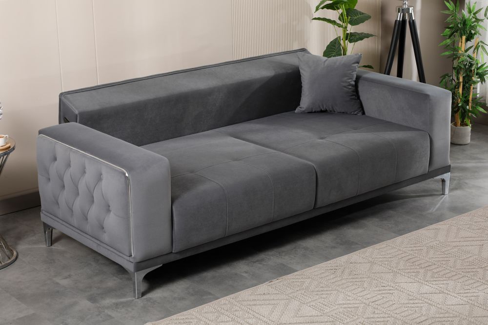 Produktbild f&ouml;r Madeleine soffgrupp i m&ouml;rkgr&aring; sammet med silver ben