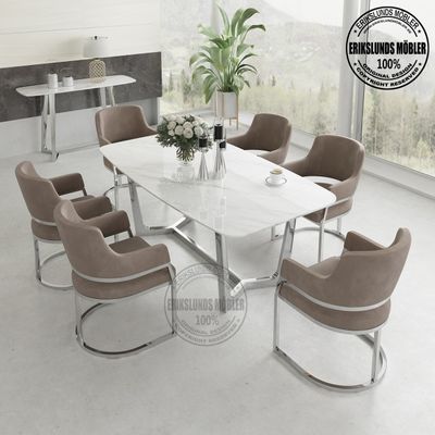 Paris matbord silver med 6 st grå-beige sammet stolar 