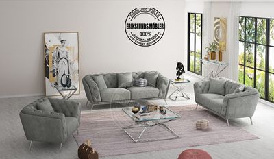 Produktbild f&ouml;r Sicillia soffgrupp i gr&aring; sammet med silver ben