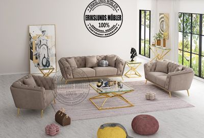 Produktbild för Sicillia soffgrupp i grå-beige sammet med guld ben