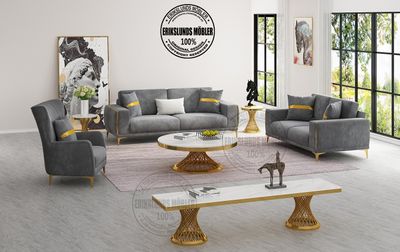 Produktbild f&ouml;r Sara soffgrupp 3+2+1 m&ouml;rkgr&aring; sammet guld ben 