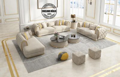 Produktbild för Diana Soffgrupp 3+2+Schäslong beige / guld 3+2+schäslong + stor soffbord