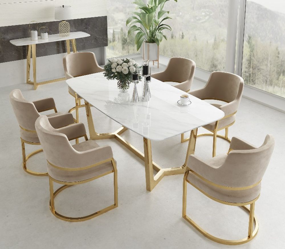Paris matbord med 6 grå-beige stolar Champagne
