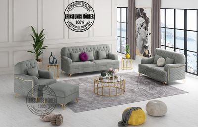Produktbild för Luxe soffgrupp 3+2+1 grå sammet med guld ben 