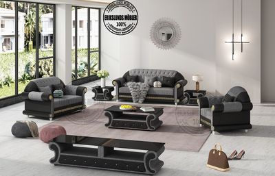 Produktbild för Maya soffgrupp i grå-tyg/svart-läder 3+2+1+soffbord+2st sidobord+Tv-bänk