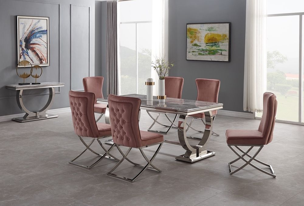 Petra matbord med 6 rosa sammetstyg stolar 