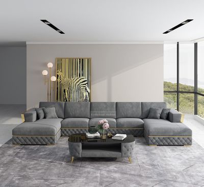 Produktbild för Rose XXL divan-soffa i mörkgrå sammet med guld ben 