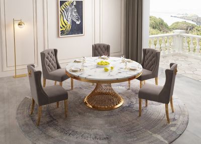 Arin matbord i guld färg med 6 st Leon stolar i grå-beige sammet