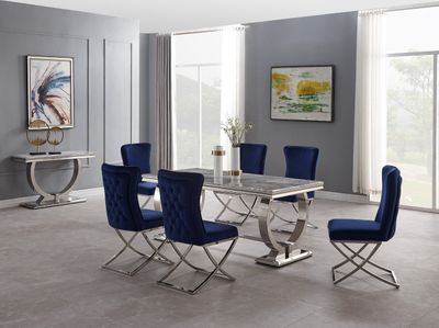 Petra matbord silver med 6 st stolar i mörkblå sammet 